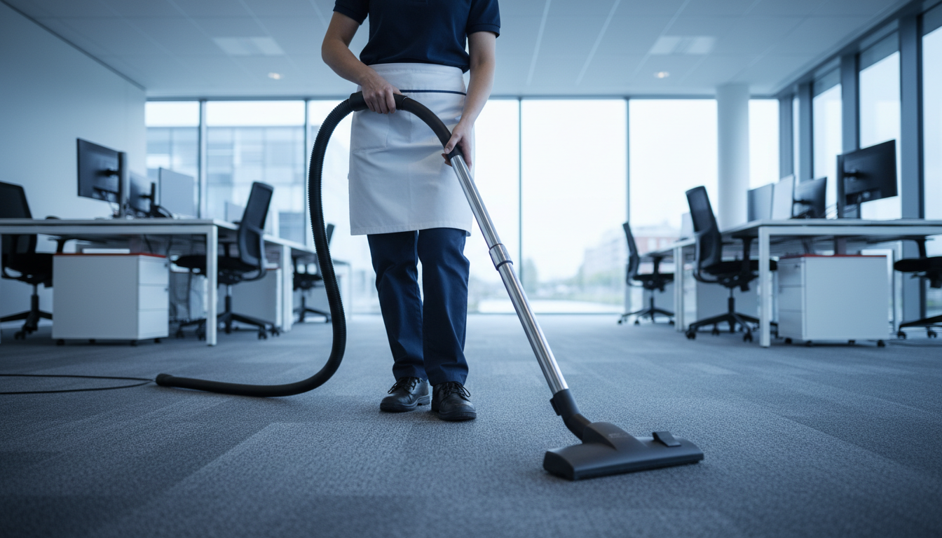 Medewerker van Clean Schoonmaakbedrijf stofzuigt een modern kantoor
